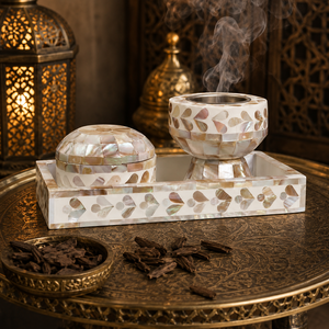 Luxury MOP Inlay <b>Oud</b> <b>Bakhoor</b> Burner Set with Wooden Tray Premium Arabic Incense Holder for Ramadan Eid Home Decor Supplier - Product Image 5