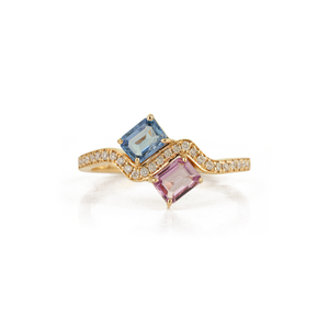 Bague Toi et Moi Ondulée en Or Jaune 14K Massif avec Saphirs Multicolores et Diamants Taille Octogonale 5x4mm 100% Naturels – Design Unique - Product Image 1