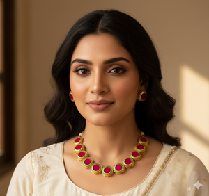 Ensemble de bijoux tendance en cuivre plaqué argent avec zircon, collier et boucles d'oreilles géométriques Kundan, perles, pour femmes et filles - Product Image 4