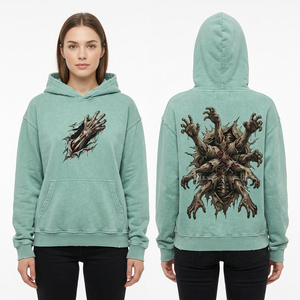 Sweat à capuche vert forêt délavé à l'acide, avec motif graphique personnalisé silhouette cimetière et impression de pin sur la poitrine, style streetwear effet vieilli bois - Product Image 4