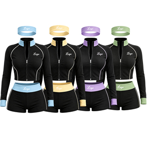 Trending Women's Y2K Custom Logo Three-piece <b>Set</b> : Color-blocked Stand-up Collar Zip-up Jacket Paired with Shorts and a Headband - Product Image 2