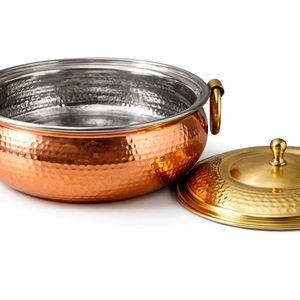 4 Ltr Copper Hammered Lagaan Cooking Biryani Handi Ceramic Non-Stick Interior Composite Hand Grip <b>Cast</b> Iron Lid Stainless Steel - Product Image 1