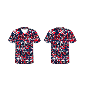 Maillot de baseball personnalisé pour homme, imprimé camouflage rouge et bleu, col en V, manches courtes, polyester sublimé, vêtement respirant - Product Image 1