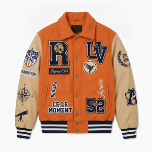 Chaqueta Varsity Naranja para Hombre con Mangas Color Crema, Diseño de Parches Bordados, Estilo Preppy, Ropa de Otoño - Product Image 1