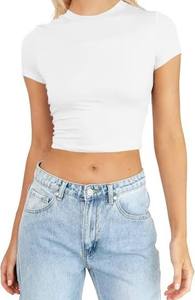 Haut court décontracté à manches courtes et col rond pour femme, style neutre, respirant, séchage rapide, anti-plis, en coton et élasthanne - Product Image 2