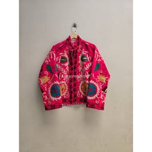 Fezan Handmade Velvet Suzani Embroidery Floral <b>Pattern</b> <b>Quilted</b> <b>Jacket</b> Stand Collar Two Side Pockets Quick Dry Cotton Velvet Made - Product Image 4