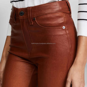 Pantalon slim plat respirant en similicuir marron à la mode taille haute coupe ajustée conception extensible longueur cheville Moto Biker pour les femmes - Product Image 6