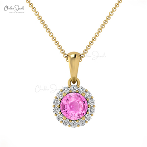 Verified Supplier 14k <b>Solid</b> <b>Gold</b> Genuine 4mm Round Cut Pink Sapphire & Diamond Halo <b>Pendant</b> Wholesale Customized <b>Pendant</b> For Mom - Product Image 1