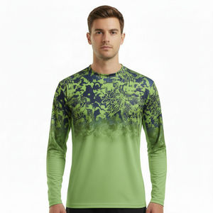T-shirt de performance à manches longues pour homme, vert et bleu, séchage rapide, respirant, décontracté, col rond, tricoté en coton/bambou, coupe classique - Product Image 1