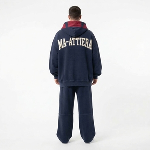 Men Navy Blue <b>Red</b> Zip Up <b>Hoodie</b> Wide Leg Pants Set Contrast Knee Panel Stud Detail Streetwear Tracksuit Custom OEM ODM - Product Image 2
