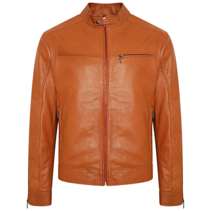 <b>Men's</b> <b>Brown</b> PU <b>Leather</b> Moto <b>Jacket</b> Stand Collar Zipper Closure Regular Fit Solid Color Autumn Wear - Product Image 1