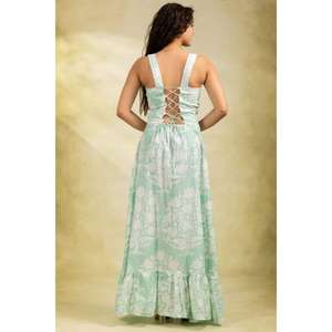 ชุดเดรสยาวพิมพ์ลายบล็อกผ้าฝ้ายอินเดียสำหรับผู้หญิง, ชุดเดรสแม็กซี่สไตล์โบฮีเมียน, ชุดฤดูร้อนที่ใส่สบาย - Product Image 6