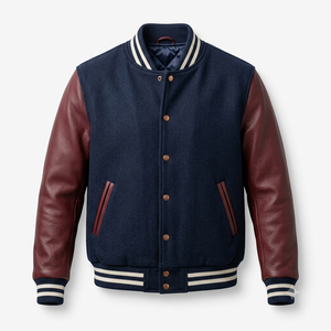 Men's Navy Blue Varsity Jacket With Burgundy Leather Sleeves <b>Button</b> Closure Turn-down Collar Casual Autumn Wear - Product Image 1