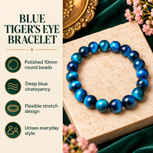 Pulsera Elástica de Piedras de Ojo de Tigre Azul SoulWise, Joyería Boho de Maharashtra para Hombre y Mujer - Product Image 5