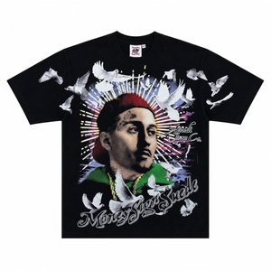 T-shirt noir 100 % coton pour homme, motif imprimé lettres, col rond, manches courtes, style streetwear, coupe ample, logo avant, 180g, anti-rétrécissement - Product Image 1