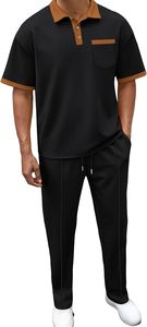 Men's Black Polyester Tracksuit Short Sleeve <b>Polo</b> Shirt With <b>Orange</b> Collar And Drawstring Pants Casual Summer Wear - Product Image 3