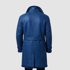 Abrigo de Cuero Premium Azul para Hombre, Forrado con Piel de Oveja Auténtica, Chaqueta Larga de Invierno con Puños Ajustables - Product Image 2