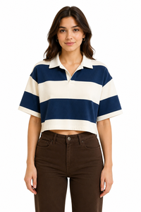 Camiseta de Rugby Corta para Mujer Livster, Corte Regular, Jersey a Rayas, Transpirable, Manga Corta, Cuello Redondo, Casual, Azul Marino y Blanco - Product Image 1