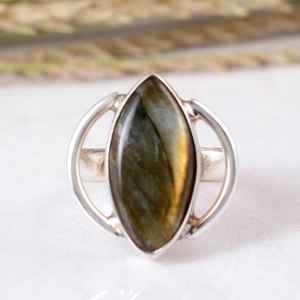 925 Sterling Silver Multi Fire Labradorite Natural Marquise Gemstone Statement Ring Handcrafted Dainty Open <b>Frame</b> Design Boho - Product Image 4