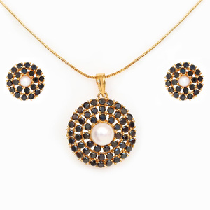 Gold Plated Brass Blue Sapphire Pendant Set Traditional Bridal Wedding <b>Necklace</b> and Earring Sets <b>Statement</b> Jewelry Gift - Product Image 3