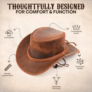 Sombrero de Vaquero de Cuero Marrón de Moda 2026, Ala Ancha, Estilo Vintage Desgastado, con Banda Trenzada y Correa para la Barbilla, Unisex para Adultos - Product Image 4