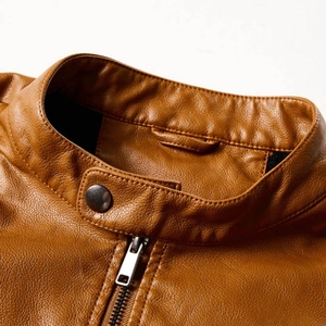 <b>Men's</b> Brown PU <b>Leather</b> <b>Jacket</b> Stand Collar Zipper Closure Slim Fit Regular Sleeve Solid Color Eco-Friendly <b>Jacket</b> For Sale - Product Image 3