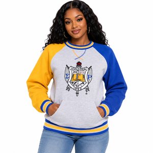 Sudadera de cuello redondo raglán con bloques de color y escudo de chenilla Sigma Gamma Rho, con bolsillo canguro y ribete acanalado a rayas - Product Image 1