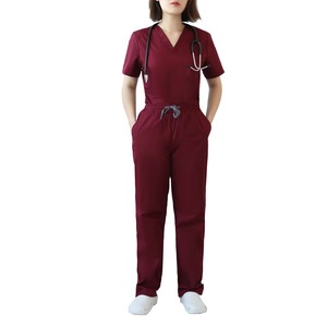 Women's Maroon <b>Scrub</b> Set V-Neck Short Sleeve With Pockets Hospital Uniform Woven Cotton Polyester Blend - Product Image 5