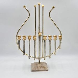 Vintage <b>Silver</b> Gold Metal Menorah Candle Holder Marble Base Hanukkah Traditional Decorative Table Accent Display - Product Image 1