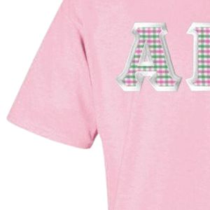 Camiseta Rosa de Manga Corta para Mujer con Parche de Letras de Chenilla a Cuadros Verdes, Cuello Redondo de Algodón, Informal, Suave, para Uso Diario, Moda de Verano - Product Image 2