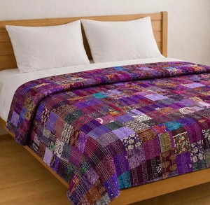 Purple Patchwork Bedspread <b>Handmade</b> Silk Kantha <b>Quilt</b> Indian Silk Throw Blanket - Product Image 3