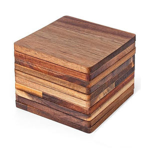 Wooden Coaster Set Round Checkered Design <b>Heat</b> Resistant Mats & <b>Pads</b> 4 pcs Modern Style Table Accessory - Product Image 5