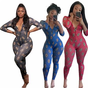 Combinaison moulante bleue imprimée pour femme, manches longues, col en V, taille haute, coupe ajustée, longueur intégrale, en Spandex et Polyester - Product Image 3