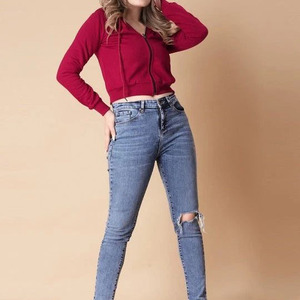 Women's Red Hooded <b>Zipper</b> Sweatshirt Full Sleeve Knitted Solid Color Autumn Wear Breathable High Waist Jeans - Product Image 3