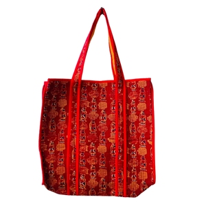 Block Printed Handmade Red Panelled Nonwoven Pure Cotton Bohemian Style Eco-friendly Tote <b>Bag</b> Zipper Closure <b>Beach</b> Summer - Product Image 1