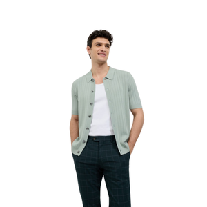 <b>Men's</b> Light Green Short Sleeve Knit <b>Cardigan</b> With Button Closure Turn-down Collar Summer Breathable Solid Color Polo Style Top - Product Image 3
