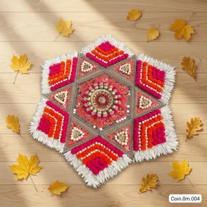 Tapis Rangoli traditionnel en coton avec motif pompon rose, orange et blanc pour la décoration de mariage et de festival - Product Image 3