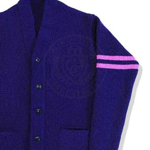 Cardigan en acrylique violet pour homme avec bordure rose, col en V, fermeture boutonnée, manches longues, pull pour homme, style collège et université - Product Image 5