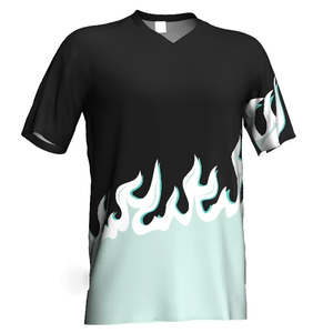 Maillot de football noir pour homme à col en V avec imprimé flamme turquoise, manches courtes, en polyester anti-humidité, coupe classique, idéal pour l'été - Product Image 1