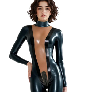 Mono de mujer negro con revestimiento de PU, manga larga, cuello alto, cintura alta, largo completo, sexy, para discoteca, ajustado, de elastano y nailon - Product Image 5