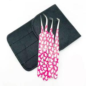 <b>Pink</b> Skull Pattern Eyelash Tweezers <b>Set</b> Stainless Steel Precision <b>Tools</b> in Box Packaging - Product Image 5