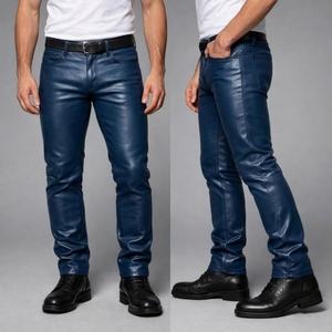 Pantalon en cuir bleu marine, coupe slim, pantalon en cuir véritable, classique, 5 poches, pantalon de motard, élégant, pour homme - Product Image 6