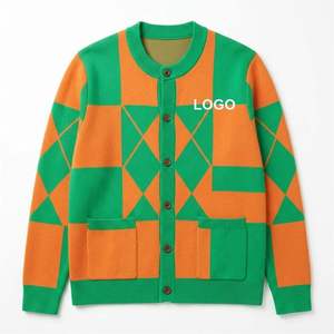 Cardigan en tricot à motif géométrique pour homme, vert et orange, manches longues, boutons sur le devant, pull d'automne - Product Image 1