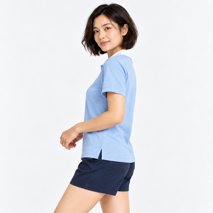 Women Blue Polo T Shirt Lyocell <b>Combed</b> Cotton Soft Jersey Short Sleeve Casual Top Ladies Apparel Wholesale Supplier OEM Custom - Product Image 3