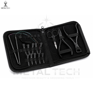 Kit d'application et de retrait d'extensions capillaires comprenant des aiguilles de tirage, des pinces à extensions, des pinces de sectionnement, des ciseaux et un étui de rangement - Product Image 2