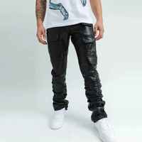 Pantalones Cargo Ajustados de Talla Grande para Hombre, con Revestimiento de PU, Bolsillos 3D, Estilo Hip Hop, Cintura Media, Largos, Aspecto de Cuero Negro
