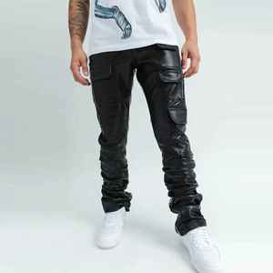 Plus Size Men Skinny Fit PU Coated Cargo <b>Pants</b> With 3D Pockets Hip Hop Style Mid Waist Full Length <b>Black</b> Leather Look - Product Image 1