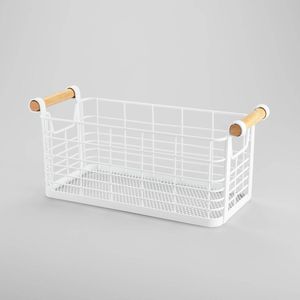 Panier rectangulaire en fil blanc avec poignées en bois naturel, élégant et pratique, accessoire pour la maison ou le bureau - Product Image 1