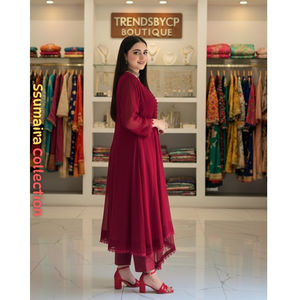 Ensemble de costume Anarkali blanc de qualité supérieure – Tenue de soirée 3 pièces en mousseline de soie cousue avec détails en dentelle - Product Image 6