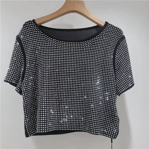 <b>Women's</b> <b>Sequined</b> Crop <b>Top</b> Short Sleeve O-Neck Loose Fit Knitted Solid Color Breathable Spring Summer Wear - Product Image 2